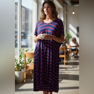 Lane Bryant Beach Resortwear Stretchy Striped Maxi‎ Dress 22-24 Navy Cap Sleeve